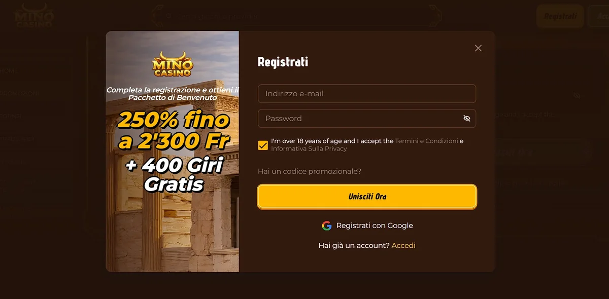 Bonus di benvenuto di Mino Casino del 250% fino a 2.300 € con 400 giri gratis in Italia