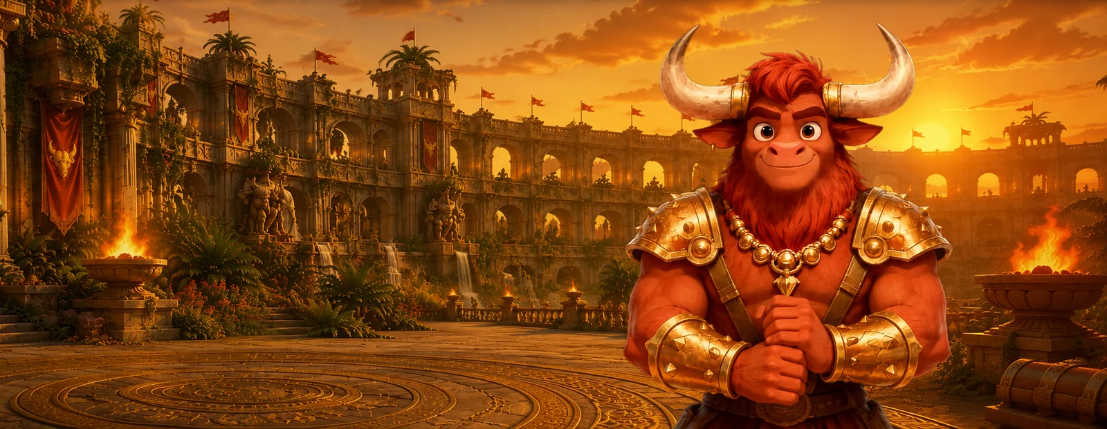 Banner di Mino Casino con il minotauro dorato davanti a un palazzo greco al tramonto, pacchetto di benvenuto 250% fino a 2.300 euro e 400 giri gratis per l'Italia
